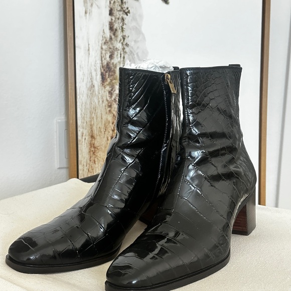 YSL Black Croc-Embossed Ankle Boots Men Exotic Leather - Picture 1 of 13